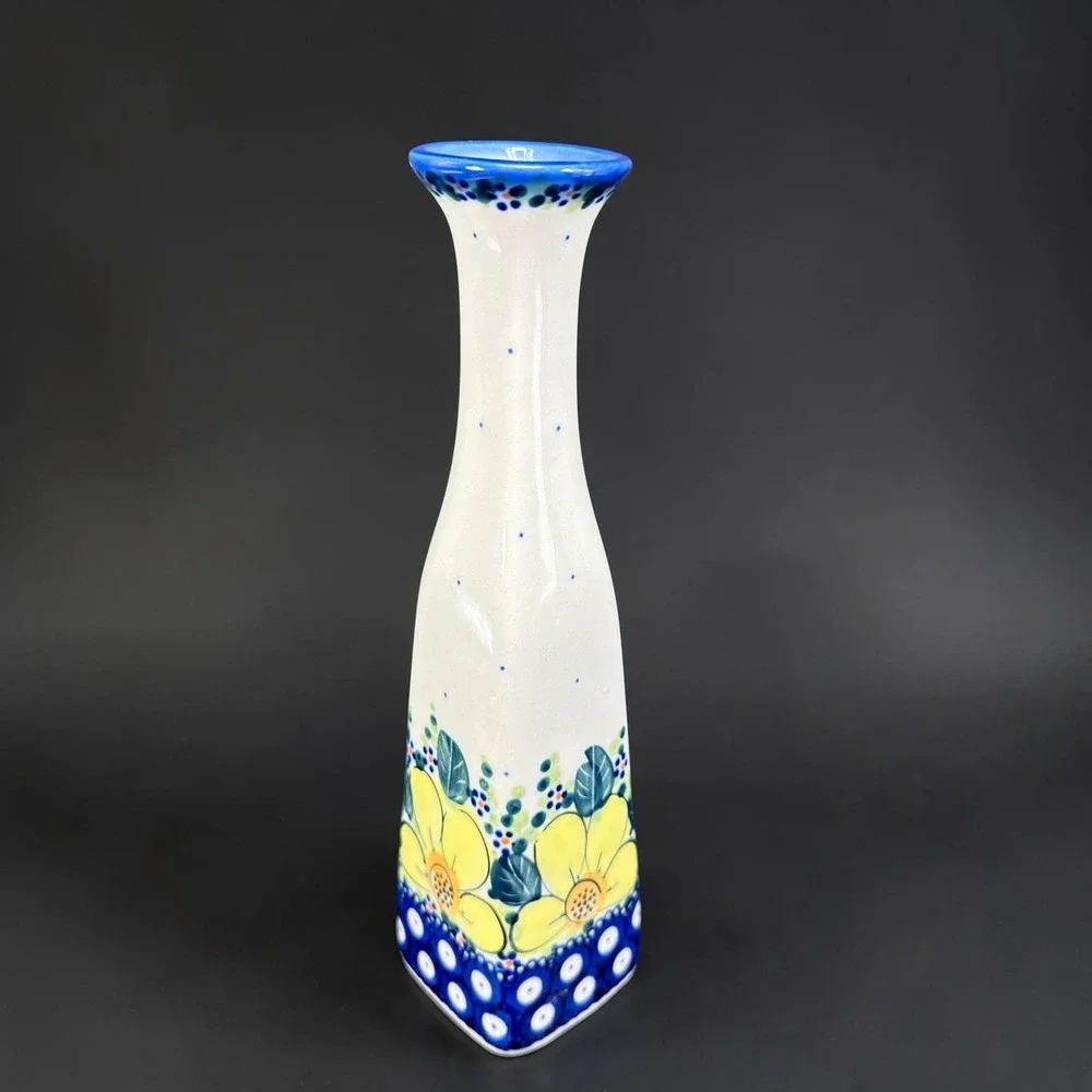 Boleslawiec Polish Pottery Bud Vase Monika J Signed Yellow Floral Blue 9.5in